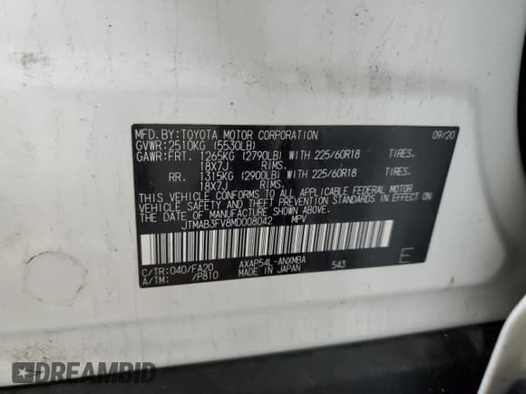 ✅ 2021 Toyota RAV4 SE • VIN: JTMAB3FV8MD008042 • Lot: 91989965. Listed on Copart with 86,403 mi. Free auction sales archive from the USA and detailed vehicle history report at DreamBid. Image 14.