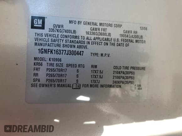 ✅ 2007 Chevrolet Suburban LT • VIN: 1GNFK16377J300447 • Lot: 84861845. Listed on Copart with 164,090 mi. Free auction sales archive from the USA and detailed vehicle history report at DreamBid. Image 13.