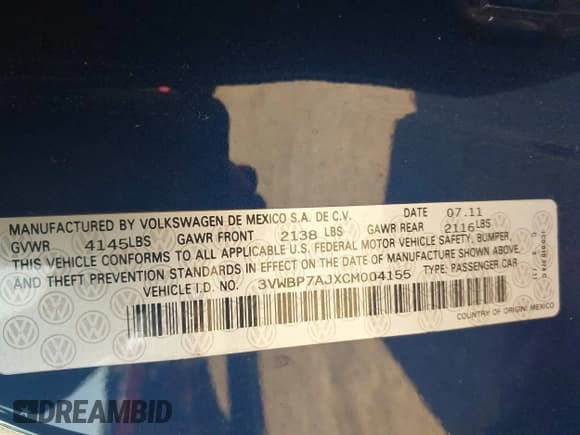 ✅ 2012 Volkswagen Jetta SE • VIN: 3VWBP7AJXCM004155 • Lot: 43691612. Listed on IAAI with 72,036 mi. Free auction sales archive from the USA and detailed vehicle history report at DreamBid. Image 9.