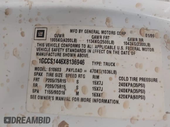 ✅ 1999 Chevrolet S-10 • VIN: 1GCCS1446X8136946 • Лот: 41697071. Опубликован ранее на IAAI с пробегом 167 277 миль. Бесплатный доступ к архиву аукционных продаж из США и подробный отчёт об истории автомобиля на DreamBid. Изображение 9.