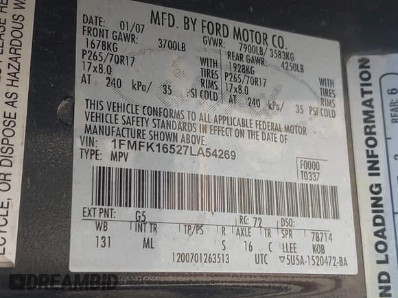 ✅ 2007 Ford Expedition Max XLT • VIN: 1FMFK16527LA54269 • Лот: 42208225. Опубликован ранее на IAAI с пробегом 282 556 миль. Бесплатный доступ к архиву аукционных продаж из США и подробный отчёт об истории автомобиля на DreamBid. Изображение 9.