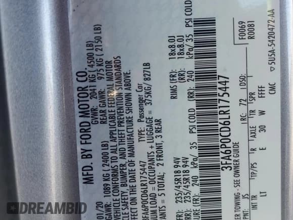 ✅ 2020 Ford Fusion SEL • VIN: 3FA6P0CD6LR175447 • Лот: 81865065. Опубликован ранее на Copart с пробегом 98 756 миль. Бесплатный доступ к архиву аукционных продаж из США и подробный отчёт об истории автомобиля на DreamBid. Изображение 12.