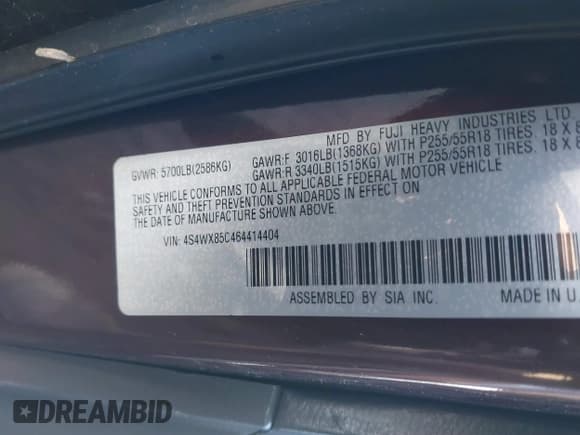 ✅ 2006 Subaru Tribeca 7-Pass • VIN: 4S4WX85C464414404 • Лот: 41437388. Опубликован ранее на IAAI с пробегом Не указан. Бесплатный доступ к архиву аукционных продаж из США и подробный отчёт об истории автомобиля на DreamBid. Изображение 9.