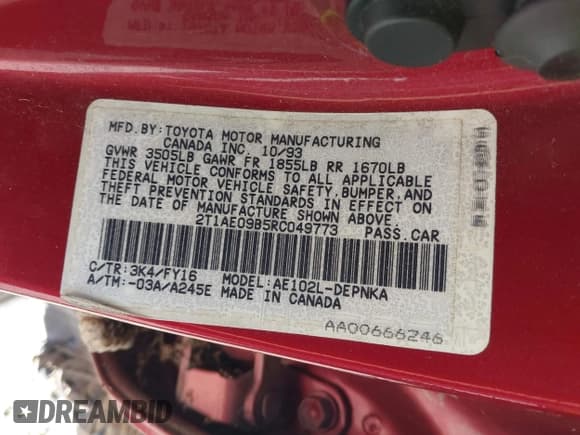 ✅ 1994 Toyota Corolla Deluxe • VIN: 2T1AE09B5RC049773 • Лот: 43108982. Опубликован ранее на IAAI с пробегом 73 867 миль. Бесплатный доступ к архиву аукционных продаж из США и подробный отчёт об истории автомобиля на DreamBid. Изображение 9.