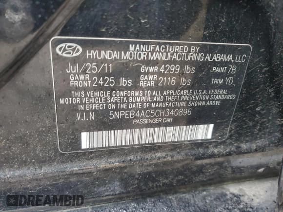 ✅ 2012 Hyundai Sonata GLS • VIN: 5NPEB4AC5CH340896 • Lot: 57848375. Listed on Copart with 159,010 mi. Free auction sales archive from the USA and detailed vehicle history report at DreamBid. Image 12.