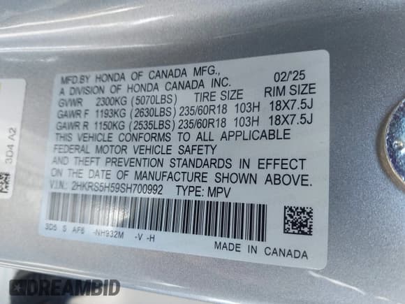 ✅ 2025 Honda CR-V Sport • VIN: 2HKRS5H59SH700992 • Lot: 42794376. Listed on IAAI with Not provided. Free auction sales archive from the USA and detailed vehicle history report at DreamBid. Image 9.