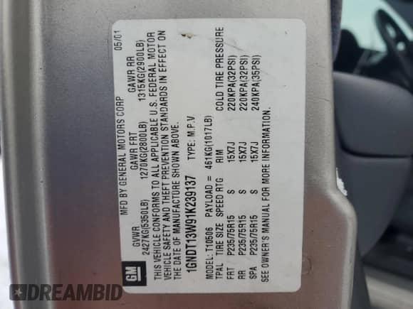 2001 Chevrolet Blazer LT z VIN 1GNDT13W91K239137, wystawiony jako Copart lot #88429655 z przebiegiem 163 132 mil mil oraz Szkoda całkowita • Salvage title. Historia ofert i sprzedaży dostępna na DreamBid. Obrazek 13.