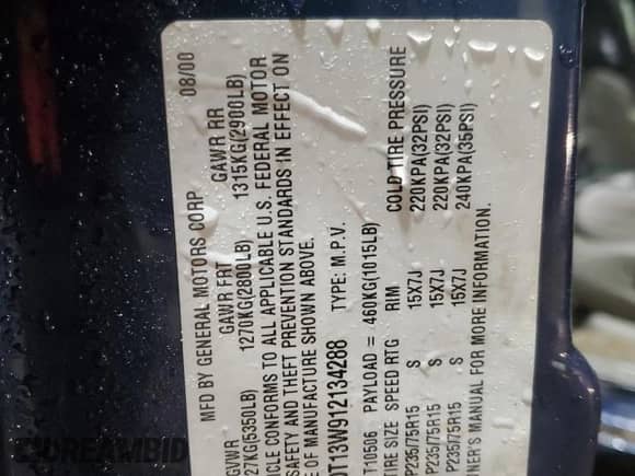 2001 Chevrolet Blazer LT with VIN 1GNDT13W912134288, listed as a Copart auction lot 87112824 with 152,925 mi miles and Salvage title. Bid and sale history available at DreamBid. Image 13.