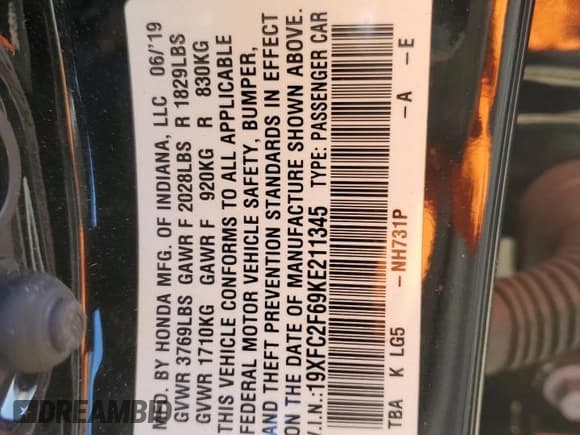 ✅ 2019 Honda Civic LX • VIN: 19XFC2F69KE211345 • Lot: 85010355. Wystawiony na Copart z przebiegiem 62 365 mil. Bezpłatny archiwum sprzedaży aukcyjnych z USA i szczegółowy raport historii pojazdu na DreamBid. Zdjęcie 13.