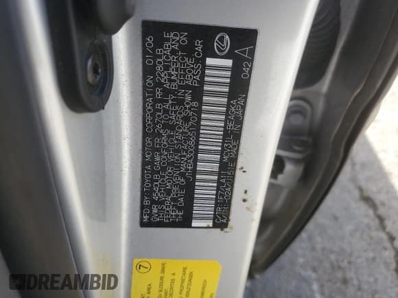 ✅ 2006 Lexus ES 350 • VIN: JTHBA30G865170718 • Lot: 87303945. Listed on Copart with 248,153 mi. Free auction sales archive from the USA and detailed vehicle history report at DreamBid. Image 12.