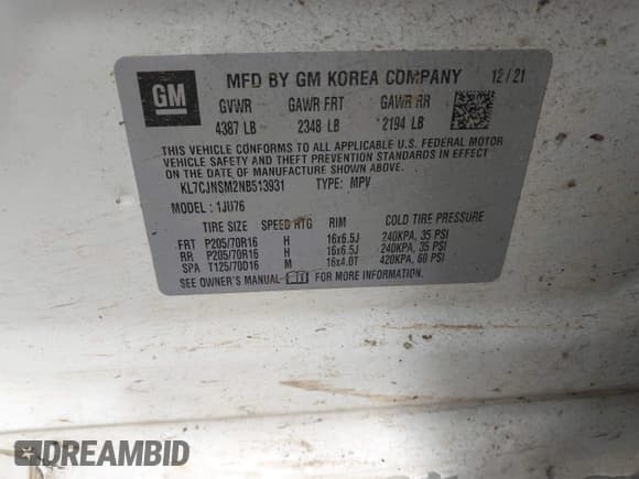 ✅ 2022 Chevrolet Trax LS • VIN: KL7CJNSM2NB513931 • Lot: 42493371. Listed on IAAI with 42,498 mi. Free auction sales archive from the USA and detailed vehicle history report at DreamBid. Image 9.