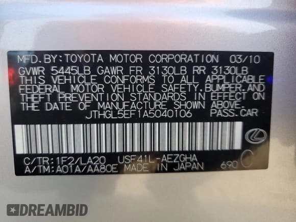 ✅ 2010 Lexus LS 460 L • VIN: JTHGL5EF1A5040106 • Lot: 61981295. Listed on Copart with 108,445 mi. Free auction sales archive from the USA and detailed vehicle history report at DreamBid. Image 12.