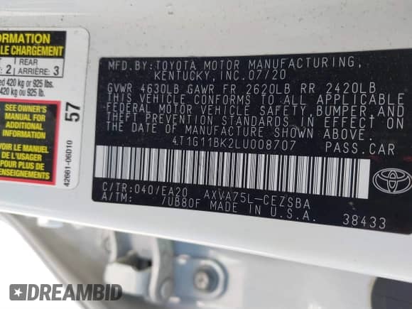 2020 Toyota Camry SE with VIN 4T1G11BK2LU008707, listed as a IAAI auction lot 41755412 with 56,959 mi miles and . Bid and sale history available at DreamBid. Image 9.