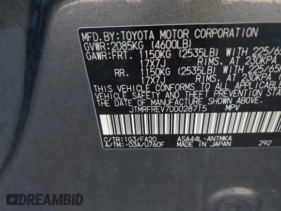 ✅ 2013 Toyota RAV4 XLE • VIN: JTMRFREV7DD028715 • Лот: 43313179. Опубликован ранее на IAAI с пробегом 181 615 миль. Бесплатный доступ к архиву аукционных продаж из США и подробный отчёт об истории автомобиля на DreamBid. Изображение 9.