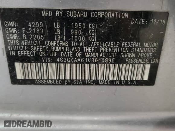 2019 Subaru Impreza z VIN 4S3GKAA61K3610895, wystawiony jako Copart lot #43370585 z przebiegiem 120 718 mil mil oraz Nie do naprawy • Non repairable. Historia ofert i sprzedaży dostępna na DreamBid. Obrazek 15.