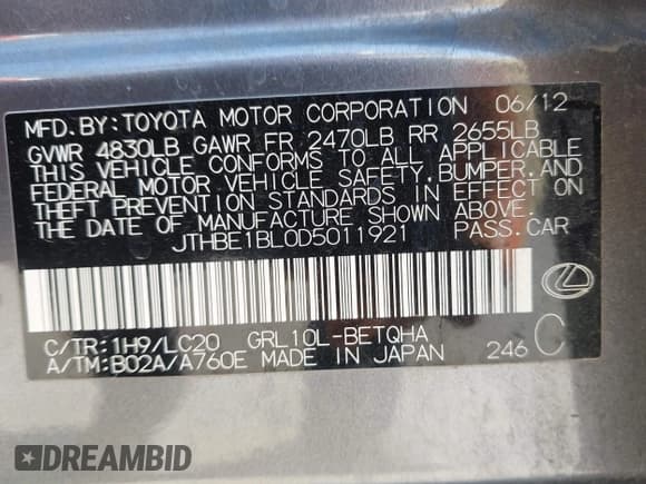 ✅ 2013 Lexus GS 350 • VIN: JTHBE1BL0D5011921 • Lot: 42026835. Listed on IAAI with 274,942 mi. Free auction sales archive from the USA and detailed vehicle history report at DreamBid. Image 9.