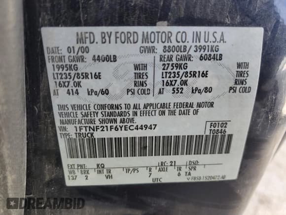 ✅ 2000 Ford F-250 XL • VIN: 1FTNF21F6YEC44947 • Lot: 74384273. Listed on Copart with 352,251 mi. Free auction sales archive from the USA and detailed vehicle history report at DreamBid. Image 12.