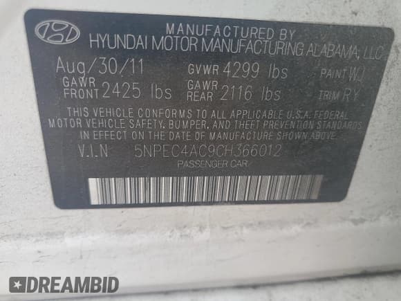 ✅ 2012 Hyundai Sonata SE • VIN: 5NPEC4AC9CH366012 • Lot: 82421325. Listed on Copart with 218,098 mi. Free auction sales archive from the USA and detailed vehicle history report at DreamBid. Image 12.