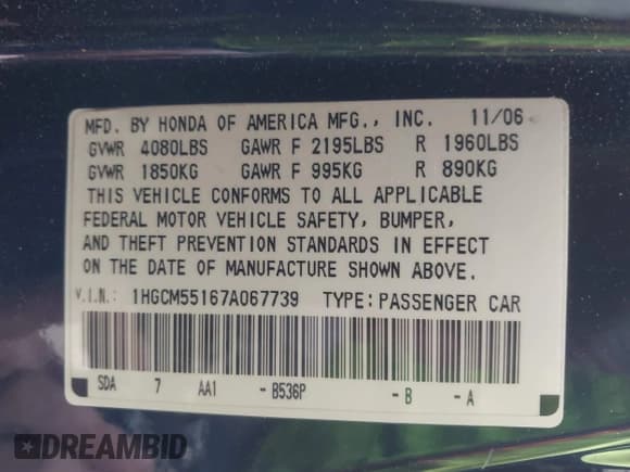 ✅ 2007 Honda Accord VP • VIN: 1HGCM55167A067739 • Lot: 41897733. Wystawiony na IAAI z przebiegiem 220 587 mil. Bezpłatny archiwum sprzedaży aukcyjnych z USA i szczegółowy raport historii pojazdu na DreamBid. Zdjęcie 9.