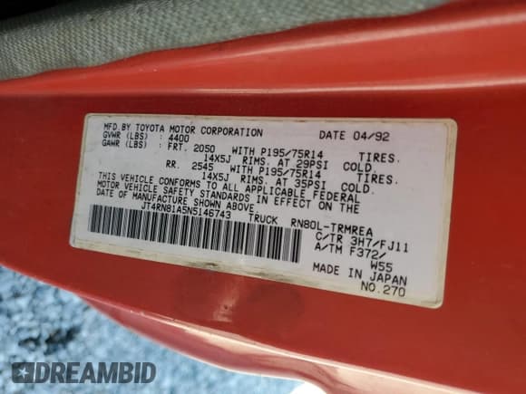 ✅ 1992 Toyota Pickup • VIN: JT4RN81A5N5146743 • Lot: 59140735. Listed on Copart with 439,883 mi. Free auction sales archive from the USA and detailed vehicle history report at DreamBid. Image 12.