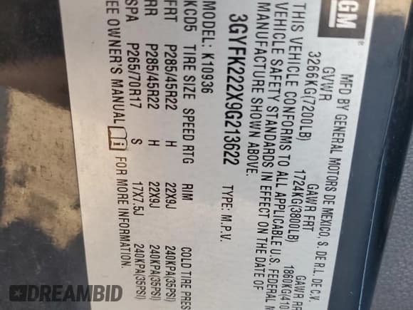 ✅ 2009 Cadillac Escalade EXT AWD 4dr • VIN: 3GYFK222X9G213622 • Lot: 68899694. Listed on Copart with 214,180 mi. Free auction sales archive from the USA and detailed vehicle history report at DreamBid. Image 13.