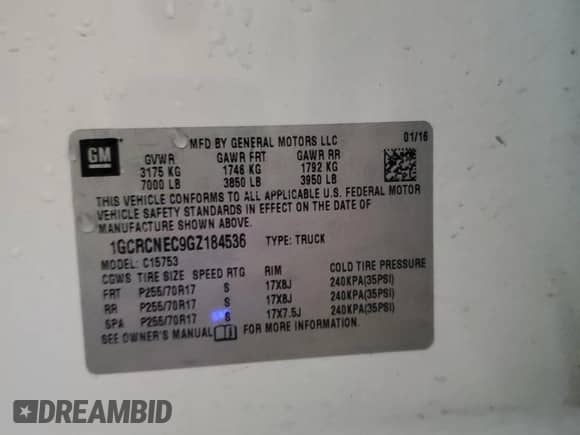 2016 Chevrolet Silverado 1500 Work Truck with VIN 1GCRCNEC9GZ184536, listed as a Copart auction lot 56001425 with 182,838 mi miles and Salvage title. Bid and sale history available at DreamBid. Image 12.