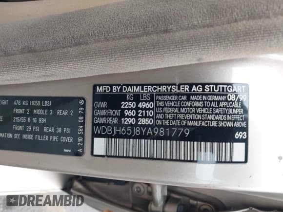 ✅ 2000 Mercedes-Benz E 320 • VIN: WDBJH65J8YA981779 • Лот: 42107928. Опубликован ранее на IAAI с пробегом 276 090 миль. Бесплатный доступ к архиву аукционных продаж из США и подробный отчёт об истории автомобиля на DreamBid. Изображение 9.