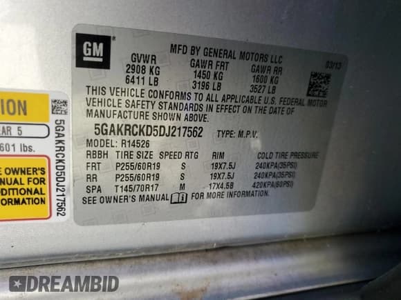 ✅ 2013 Buick Enclave Leather • VIN: 5GAKRCKD5DJ217562 • Лот: 82628355. Опубликован ранее на Copart с пробегом 179 324 миль. Бесплатный доступ к архиву аукционных продаж из США и подробный отчёт об истории автомобиля на DreamBid. Изображение 13.