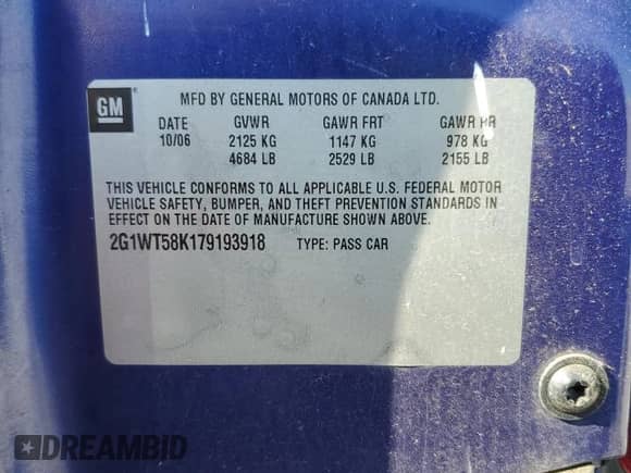 2007 Chevrolet Impala LT with VIN 2G1WT58K179193918, listed as a Copart auction lot 87055855 with Not provided miles and Salvage title. Bid and sale history available at DreamBid. Image 12.