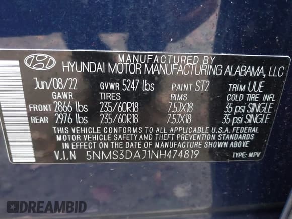 ✅ 2022 Hyundai Santa Fe SEL • VIN: 5NMS3DAJ1NH474819 • Lot: 43546610. Listed on IAAI with 24,937 mi. Free auction sales archive from the USA and detailed vehicle history report at DreamBid. Image 9.