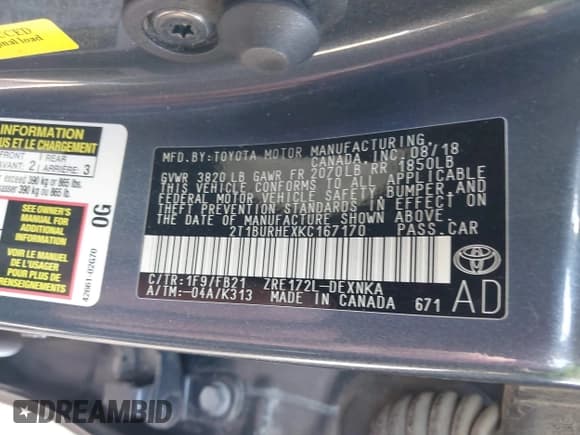 ✅ 2019 Toyota Corolla L • VIN: 2T1BURHEXKC167170 • Lot: 43337966. Wystawiony na IAAI z przebiegiem 60 190 mil. Bezpłatny archiwum sprzedaży aukcyjnych z USA i szczegółowy raport historii pojazdu na DreamBid. Zdjęcie 9.
