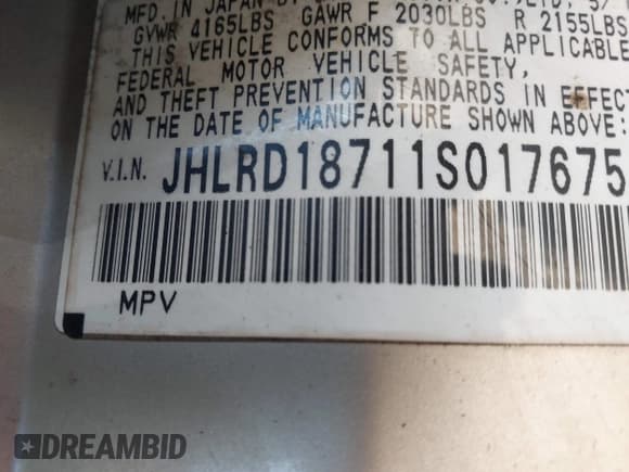 ✅ 2001 Honda CR-V SE • VIN: JHLRD18711S017675 • Lot: 43692104. Wystawiony na IAAI z przebiegiem 314 394 mil. Bezpłatny archiwum sprzedaży aukcyjnych z USA i szczegółowy raport historii pojazdu na DreamBid. Zdjęcie 9.