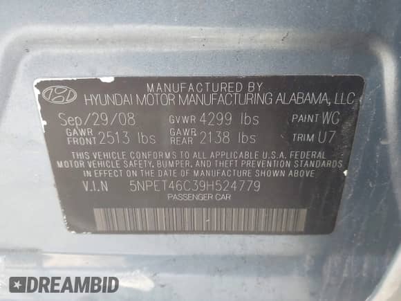 2009 Hyundai Sonata GLS with VIN 5NPET46C39H524779, listed as a IAAI auction lot 43394005 with 75,176 mi miles and . Bid and sale history available at DreamBid. Image 9.