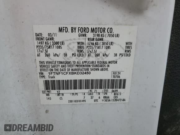 ✅ 2011 Ford F-150 XL • VIN: 1FTNF1CFXBKD32450 • Lot: 82250605. Wystawiony na Copart z przebiegiem 193 680 mil. Bezpłatny archiwum sprzedaży aukcyjnych z USA i szczegółowy raport historii pojazdu na DreamBid. Zdjęcie 12.