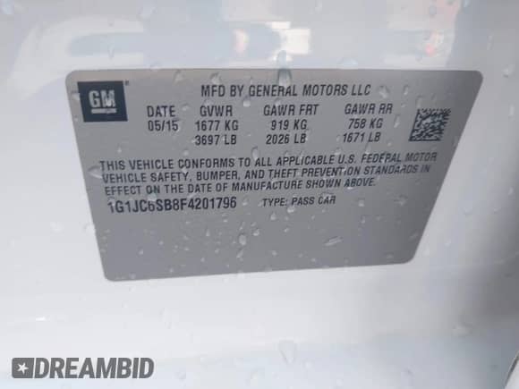 2015 Chevrolet Sonic LT z VIN 1G1JC6SB8F4201796, wystawiony jako IAAI lot #42801612 z przebiegiem 209 607 mil mil oraz . Historia ofert i sprzedaży dostępna na DreamBid. Obrazek 9.