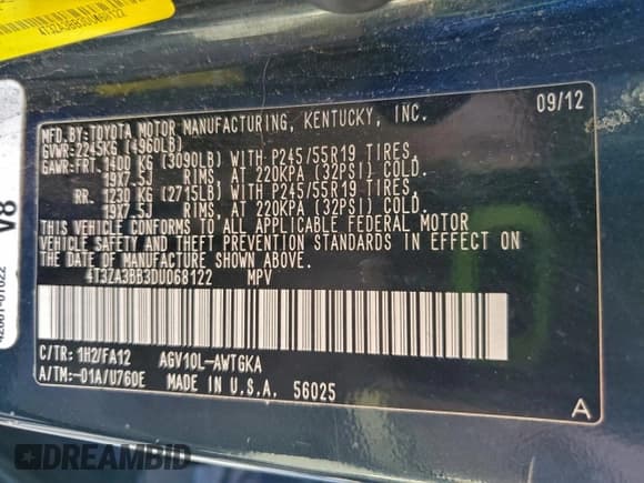 ✅ 2013 Toyota Venza LE • VIN: 4T3ZA3BB3DU068122 • Lot: 96185335. Listed on Copart with 243,191 mi. Free auction sales archive from the USA and detailed vehicle history report at DreamBid. Image 13.