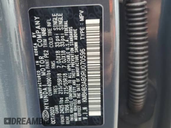 2024 Hyundai Kona SEL with VIN KM8HB3AB0RU070596, listed as a Copart auction lot 47119945 with 7,949 mi miles and Salvage title. Bid and sale history available at DreamBid. Image 13.