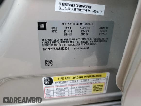 ✅ 2010 Chevrolet Malibu LTZ • VIN: 1G1ZE5EB3AF222331 • Lot: 77870924. Listed on Copart with Not provided. Free auction sales archive from the USA and detailed vehicle history report at DreamBid. Image 12.