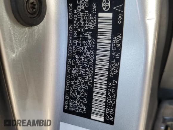 ✅ 2004 Toyota Prius • VIN: JTDKB20U940061497 • Lot: 81313135. Listed on Copart with 205,977 mi. Free auction sales archive from the USA and detailed vehicle history report at DreamBid. Image 12.