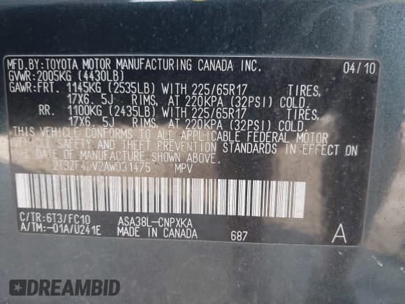 ✅ 2010 Toyota RAV4 • VIN: 2T3ZF4DV2AW031475 • Lot: 43819651. Listed on IAAI with 200,843 mi. Free auction sales archive from the USA and detailed vehicle history report at DreamBid. Image 9.