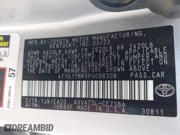 2023 Toyota Camry SE с VIN 4T1G11BK1PU098308, выставлен на аукционе IAAI как лот 42647397 с пробегом 78 799 миль миль и . История ставок и продаж доступна на DreamBid. Изображение 9.