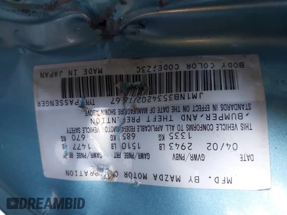 ✅ 2002 Mazda MX-5 Miata Cloth • VIN: JM1NB353420231667 • Lot: 43571555. Listed on IAAI with Not provided. Free auction sales archive from the USA and detailed vehicle history report at DreamBid. Image 9.