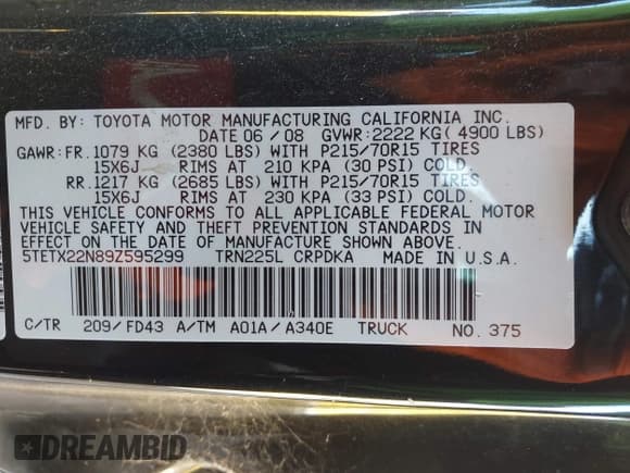 ✅ 2009 Toyota Tacoma • VIN: 5TETX22N89Z595299 • Lot: 43662925. Listed on IAAI with 128,392 mi. Free auction sales archive from the USA and detailed vehicle history report at DreamBid. Image 9.