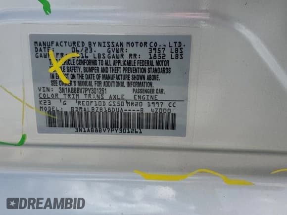 ✅ 2023 Nissan Sentra S • VIN: 3N1AB8BV7PY301261 • Lot: 67412215. Listed on Copart with 51,039 mi. Free auction sales archive from the USA and detailed vehicle history report at DreamBid. Image 13.