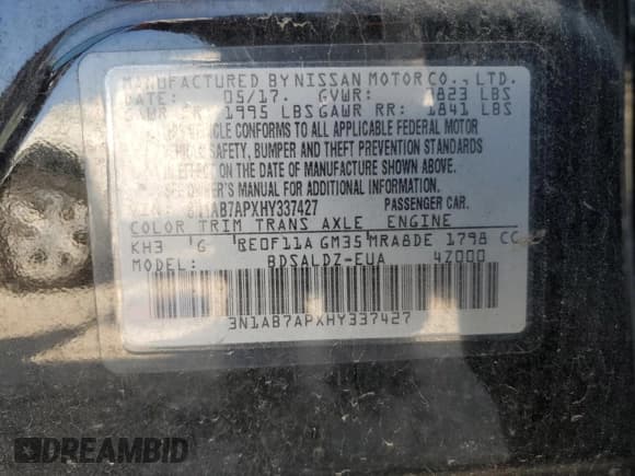 ✅ 2017 Nissan Sentra S • VIN: 3N1AB7APXHY337427 • Lot: 51987515. Listed on Copart with 162,061 mi. Free auction sales archive from the USA and detailed vehicle history report at DreamBid. Image 12.