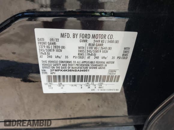 ✅ 2022 Ford Edge Titanium • VIN: 2FMPK4K98NBA94951 • Lot: 43255197. Wystawiony na IAAI z przebiegiem 70 473 mil. Bezpłatny archiwum sprzedaży aukcyjnych z USA i szczegółowy raport historii pojazdu na DreamBid. Zdjęcie 9.