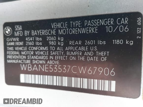 ✅ 2007 BMW 5 Series 525i • VIN: WBANE53537CW67906 • Lot: 42199551. Listed on IAAI with 217,631 mi. Free auction sales archive from the USA and detailed vehicle history report at DreamBid. Image 9.