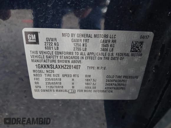 ✅ 2017 GMC Acadia SLE • VIN: 1GKKNSLAXHZ281407 • Lot: 41911752. Listed on IAAI with 142,418 mi. Free auction sales archive from the USA and detailed vehicle history report at DreamBid. Image 9.