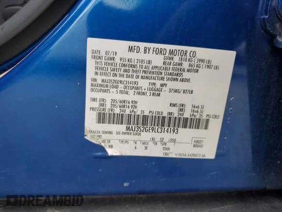 ✅ 2020 Ford EcoSport SE • VIN: MAJ3S2GE9LC314193 • Лот: 92916235. Опубликован ранее на Copart с пробегом 103 252 миль. Бесплатный доступ к архиву аукционных продаж из США и подробный отчёт об истории автомобиля на DreamBid. Изображение 13.