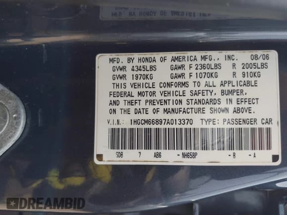✅ 2007 Honda Accord EX-L • VIN: 1HGCM66897A013370 • Лот: 42407326. Опубликован ранее на IAAI с пробегом 201 828 миль. Бесплатный доступ к архиву аукционных продаж из США и подробный отчёт об истории автомобиля на DreamBid. Изображение 9.